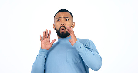 Image showing Shock, surprise and portrait of man in a studio with wow, omg or wtf facial expression for news. Amazing, alert and face of young ale person from Colombia with crazy face isolated by white background