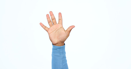 Image showing Hand, palm or closeup of high five in success, volunteer or help in charity organisation in studio mockup. Presentation, fingers and stop in sign language, emoji or warning signal on white background