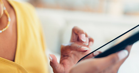 Image showing Phone, hands and closeup of woman networking on social media, mobile app or the internet. Communication, technology and female person scroll on a website or typing a message on cellphone at home.