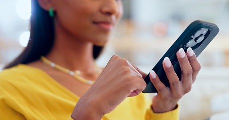 Image showing Woman, hands and scroll on smartphone in home, reading social media notification and update subscription app. Closeup, cellphone and download mobile games, search digital network or typing to contact