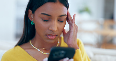 Image showing Home, smartphone and woman with a headache, internet and stress with error 404, connection or typing. Person, apartment or girl with a cellphone, mobile user or digital app with a migraine or burnout