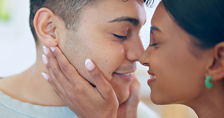 Image showing Happy, couple and eskimo kiss with hug and love for affection, bonding and romantic date at home. Peace, interracial and people with commitment, loyalty and respect in healthy relationship with calm