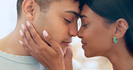 Image showing Face, love and relax with a couple closeup in their apartment together for care, romance or bonding. Trust, support or commitment with a happy young man and woman in their home on the weekend