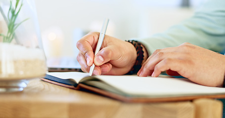 Image showing Writing, notebook and hands with pen for journal, diary entry and creative ideas on desk. Thinking, books and closeup of person for planning, schedule and agenda or to do list, calendar and notes