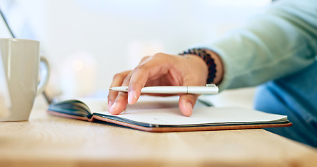 Image showing Writing, notebook and hands with pen for planning, diary entry and creative ideas on desk. Paper, books and closeup of person for journal, schedule and agenda or to do list, calendar and notes