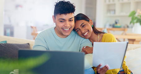 Image showing Online, investment and couple in home with laptop and paperwork for loan, mortgage or real estate. Banking, budget or review information on computer with documents for finance, property or saving