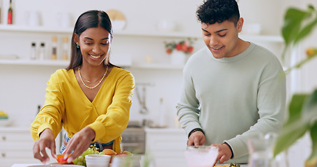 Image showing Cooking, vegetables and couple in kitchen for lunch, supper and romantic dinner together. Happy, dating and man and woman at home with food for meal prep for bonding, love and healthy relationship