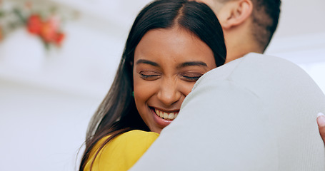 Image showing Happy, couple with trust and hug for love with affection, bonding and romantic date at home. Dancing, interracial and people with commitment, loyalty and respect in healthy relationship with smile