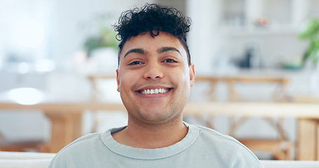 Image showing Portrait, man or student with smile for scholarship, education or learning at a restaurant or cafe with confidence and pride. Face, person and happiness for studying, exam or knowledge at college