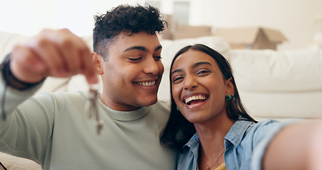 Image showing House, keys and couple selfie with smile and excited from real estate investment in a home. Happy, love and achievement with picture for social media post and memory from mortgage and loan success