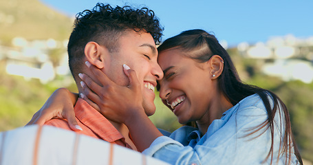 Image showing Laughing, hug and a couple at the beach for a date, travel and relax together in summer. Smile, nature and a young man and woman with love, affection and care on a vacation with romance and jokes