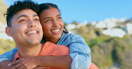 Image showing Couple, face and smile on piggyback outdoor for love, commitment and support in nature or date. People, man and woman on back with happiness, care and romance on holiday or vacation for relationship