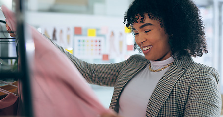 Image showing Fashion, shopping and happy woman with with clothes, search or outfit choice at boutique. Retail, deal and female customer check fabric, texture or quality in a store excited for discount sale