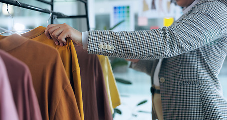 Image showing Shopping, sale and hand of woman with fashion, choice or outfit search boutique or mall. Retail, deal and lady customer with fabric, textile or decision at store for quality, selection or comparison