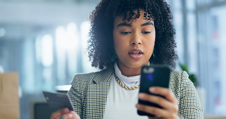 Image showing Business woman, phone and credit card for office online shopping, investment and savings or e commerce. Professional African person or worker for internet banking, financial payment or digital money