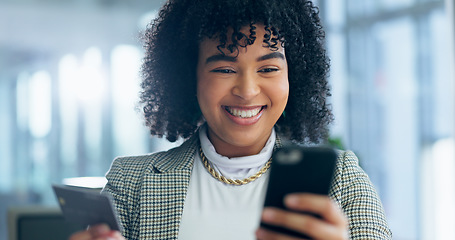 Image showing Happy woman, phone and credit card in business online shopping, investment and savings or e commerce. Professional African person smile for mobile internet banking, financial payment or digital money