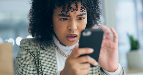 Image showing Business woman, phone and night with stress, error and reading for problem solving for communication. Entrepreneur, smartphone and 404 glitch with networking, mobile app and frustrated face in office