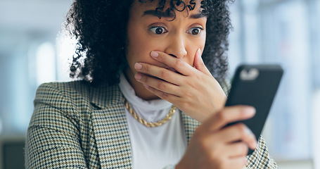 Image showing Business woman, reading phone and shocked for social media post, news or marketing error in office. Young african employee confused, surprise and stress on mobile for scam, mistake or wrong email