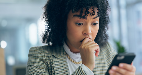 Image showing Woman, phone and night in office for stress, error or reading for problem solving for communication. Entrepreneur, smartphone and 404 glitch for networking, mobile app or frustrated face in workplace