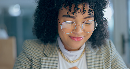 Image showing Business woman, reading and thinking in office for report, proposal or notification for networking in night. Happy entrepreneur, ideas and vision with problem solving, solution and smile in workplace