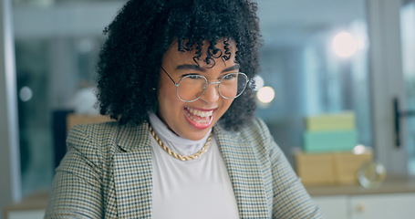 Image showing Business woman, thinking and night with excited smile for ideas, deal and success in trading. Entrepreneur, finance expert and happy for announcement, promotion or revenue target in dark workplace