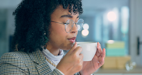 Image showing Drink, tea and black woman relax in the office on calm coffee break with peace and happiness in workplace. Happy, working and employee drinking hot chocolate, beverage or blow steam of espresso latte