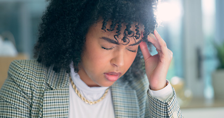 Image showing Headache, stress and business woman in office with anxiety, tension or mistake, fail or pressure. Vertigo, brain fog and female entrepreneur with startup crisis, burnout or frustrated by tax or audit