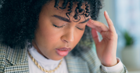 Image showing Business, stress and woman in office with headache, anxiety or tension, mistake or pressure. Vertigo, brain fog and female entrepreneur with startup fail crisis, burnout or frustrated by tax or audit