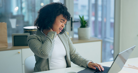 Image showing Neck pain, stress and business woman on laptop in night office with risk, problem or arthritis. Burnout, anxiety or manager with pain, crisis or injury, joint or fibromyalgia, osteoporosis or tension