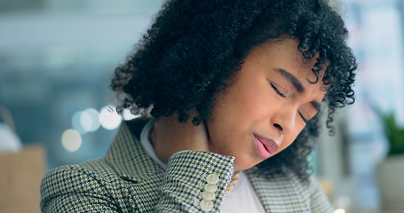 Image showing Stress, neck pain and business woman in night office with risk, problem or arthritis. Burnout, anxiety and face of manager with pain, crisis or injury, joint or fibromyalgia, osteoporosis or tension