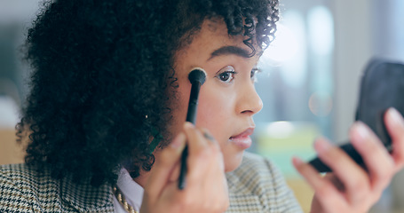 Image showing Woman in office with mirror, makeup and brush for face, getting ready for business in workplace with beauty. Skincare, cosmetics and businesswoman, receptionist or secretary with tools for skin care.