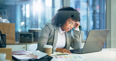 Image showing Headache, stress and business woman on laptop in office dizzy, vertigo or exhausted by deadline pressure. Burnout, migraine and female designer with anxiety for glitch 404 or internet, crisis or fail