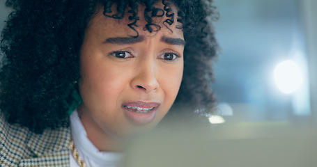 Image showing Stress, anxiety and business woman in office reading bad news, feedback or email, review or report. Face, fail and lady entrepreneur with disaster, panic or overwhelmed by tax, audit or mistake