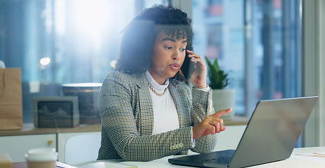 Image showing Businesswoman, phone and talk with laptop in office for communication, consult or schedule by pointing at screen. Female manager, corporate planning and technology by internet for meeting in New York