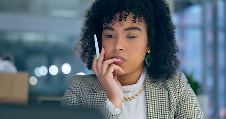 Image showing Businesswoman, thinking and late at work in office by looking, reading or reviewing email. Anxious mexican person, manager or consultant with idea, pen or changes for online, technology or internet