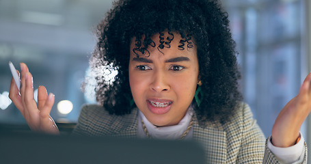 Image showing Stress, confused and business woman in office reading bad news, feedback or email, review or report. Face, fail and lady entrepreneur with disaster, glitch or tax, audit or mistake, anxiety or 404