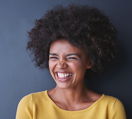 Image showing Laughing, black woman and portrait in studio for beauty with happiness, freedom or wellness mockup, Happy, face and natural African hair care, cosmetics and smile for dermatology on grey background