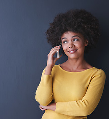 Image showing Black woman, thinking and phone call with ideas, doubt or confused emoji in studio background. African, face and person conversation with questions, gossip or listening to drama communication