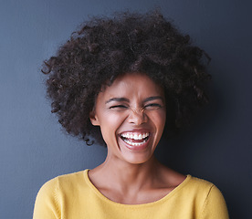 Image showing Black woman, laugh and beauty portrait in studio with happiness from dental care and teeth whitening, Happy, face and natural African haircare, cosmetics or smile for dermatology on grey background