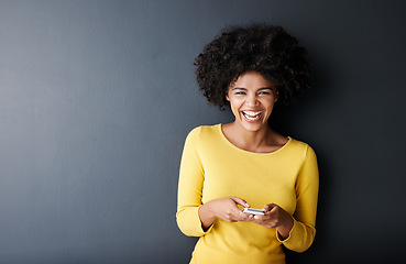 Image showing Funny, social media and portrait of black woman using phone and laugh at meme, post or article online. Cellphone, app and person typing contact or communication on internet or website in mockup space