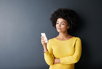 Image showing Black woman, thinking and reading phone with fake news, social media or post online on app or website. African, face and email communication, chat or cellphone with announcement info mockup or space
