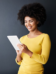 Image showing Happy, black woman and tablet with social media, app or chat with internet communication. Reading, online and person with tech to watch a video, post or typing with happiness, smile or connection