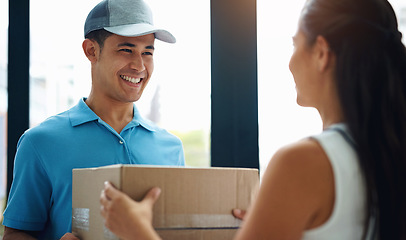 Image showing Front door, delivery guy or boxes of a happy woman for ecommerce distribution or online shopping. Shipping services, smile or friendly courier man giving cardboard parcel, product or package in home