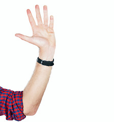 Image showing Hand, high five or man with hello, greeting or five number gesture isolated on white studio background. Wave, stop or countdown sign language with person with palm in the air, mockup space or waving