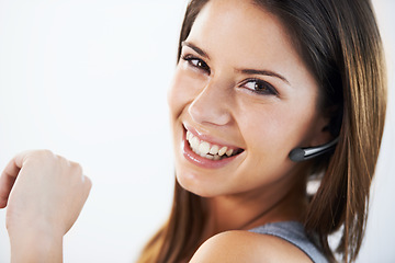 Image showing Call center, portrait and happy woman consulting for crm, customer support or contact us in studio on white background. Telemarketing, face and lady lead generation consultant with service excellence