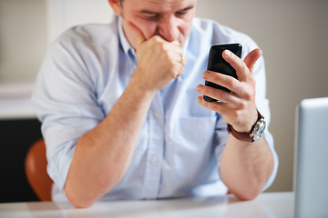 Image showing Stress, businessman and a chat on a phone at work with communication, bad news and a glitch. Contact, email and an employee with anxiety, sad or frustrated with an app or notification on a mobile
