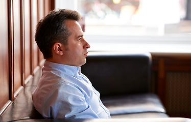 Image showing Job interview, stress and man thinking in waiting room for recruitment, opportunity or meeting. Anxiety, nervous and male worker with tension, crisis or mistake, regret or panic disaster in HR office