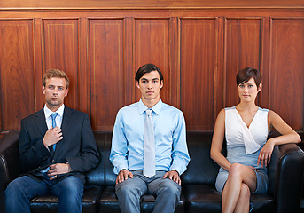 Image showing People, recruitment and job in waiting room, opportunity and position for career. Candidates, portrait and confident for interview, human resources and couch for work, corporate and serious face