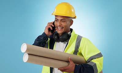 Image showing Engineering, man and phone call of construction design planning or project management communication in studio. Builder or worker with mobile chat, blueprint and architecture advice on blue background