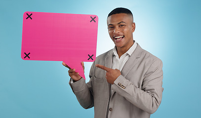 Image showing Business man, speech bubble and presentation of communication, chat poster or social media quote in studio. Portrait of worker with FAQ mockup, career forum and tracking markers on a blue background